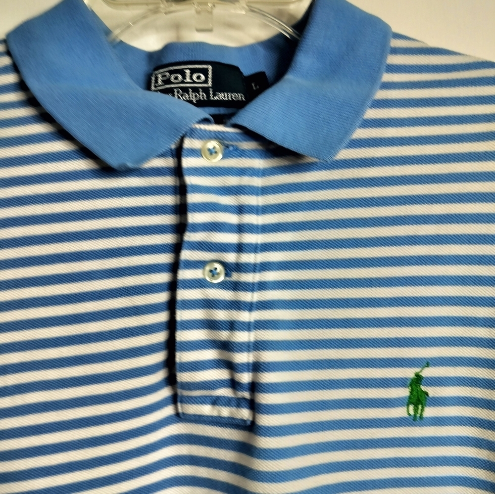 M474) Polo Ralph Lauren Men's Classic Blue Striped Cotton Shirt Size Large - Picture 5 of 7
